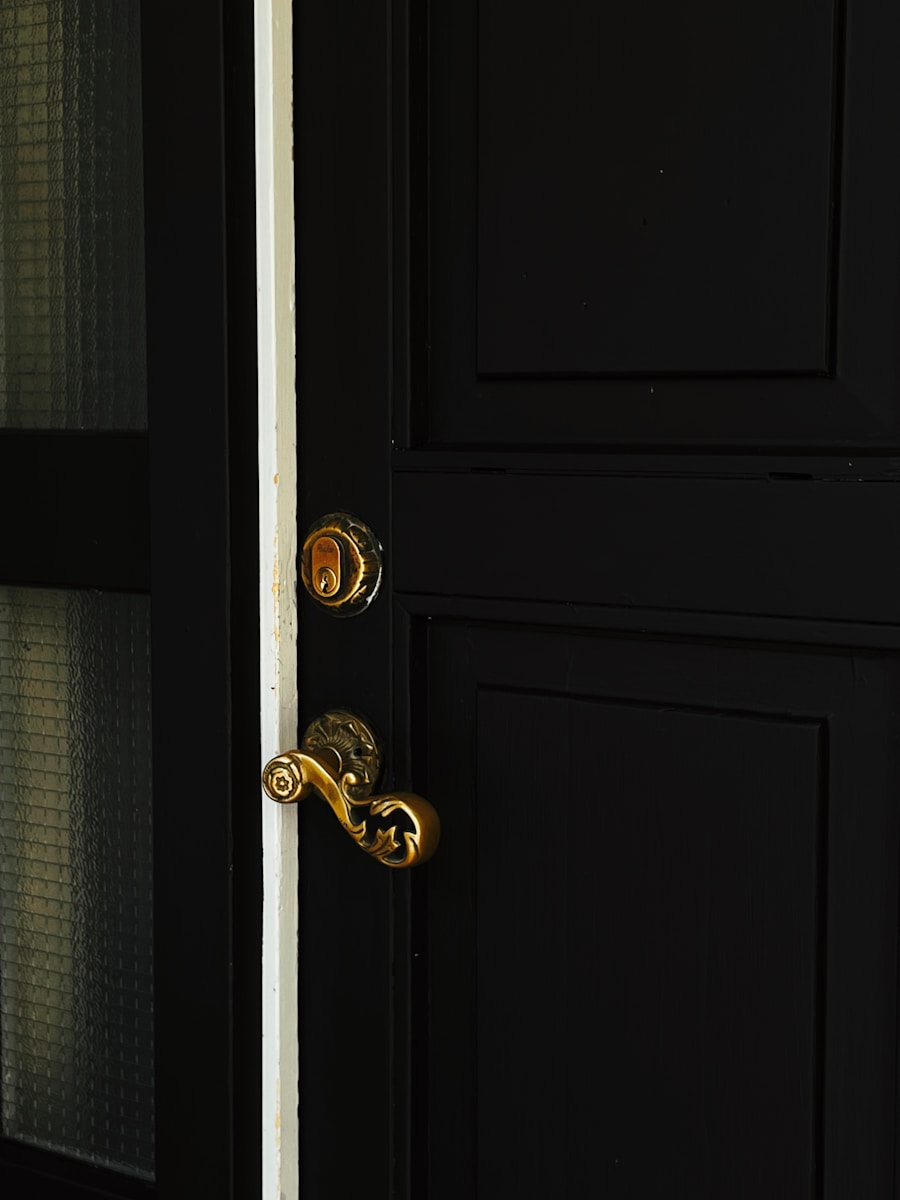 gold door knob on black wooden door